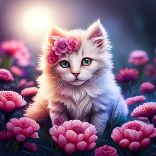 Fluffy Kitten with Flowers, Detailed Matte Painting