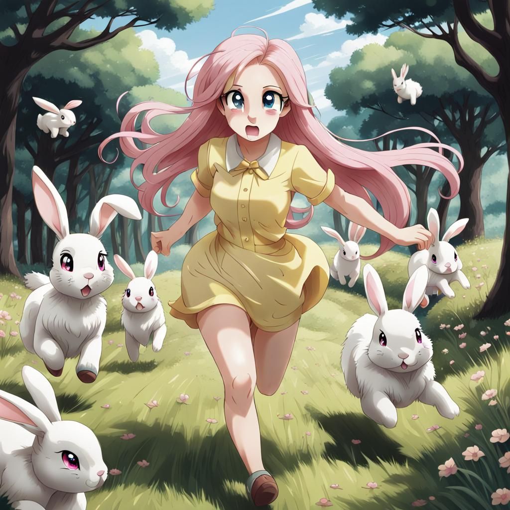 Fluttershy Running with Rabbits in Anime Style