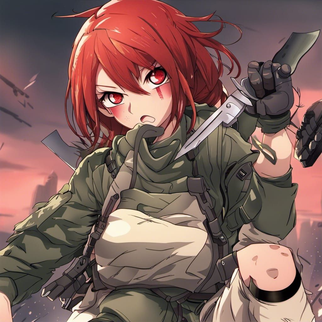 Fierce Redhead Warrior in Anime Style