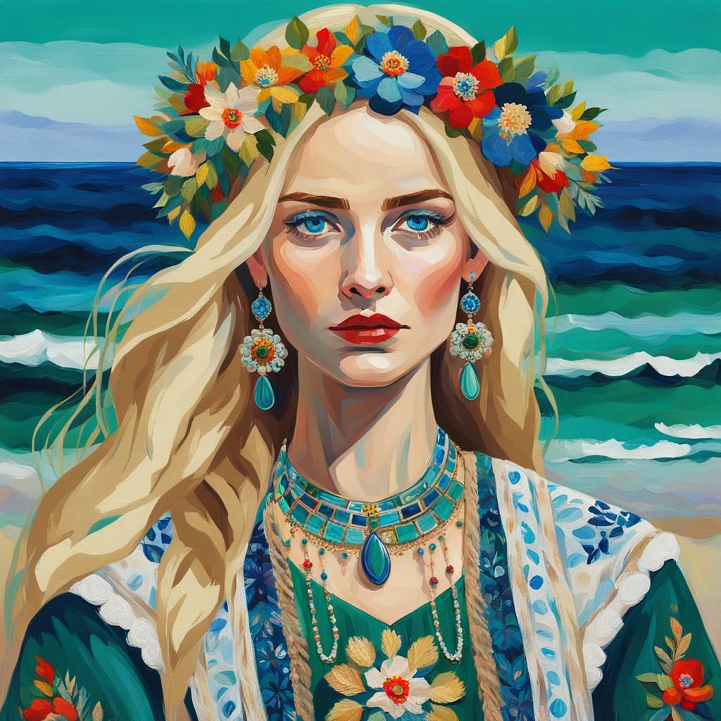 Captivating Blonde in Slavic Dress, Fauvist Portrait