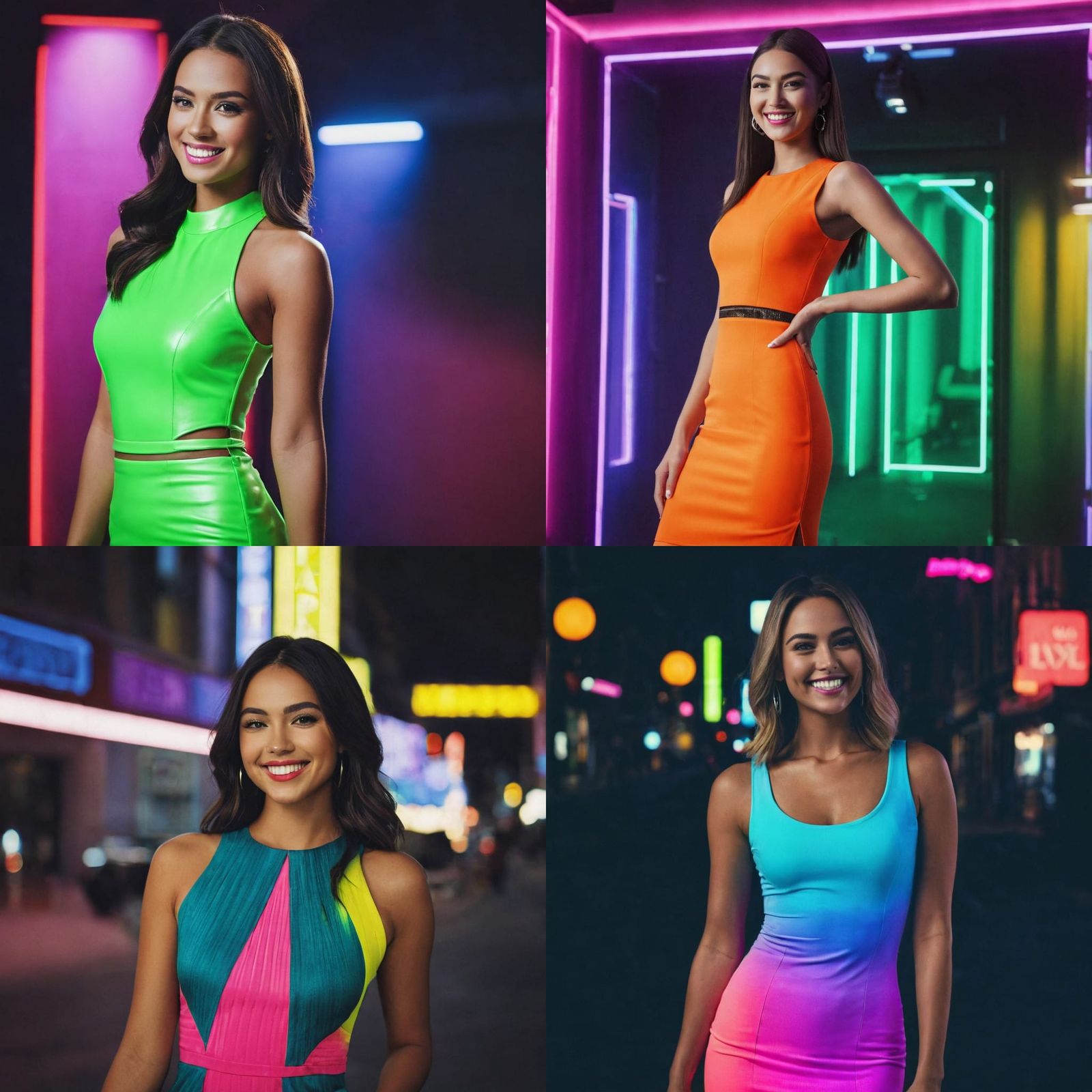 Glowing Woman in Neon Bodycon Dress, Caught in Cinematic Mom...