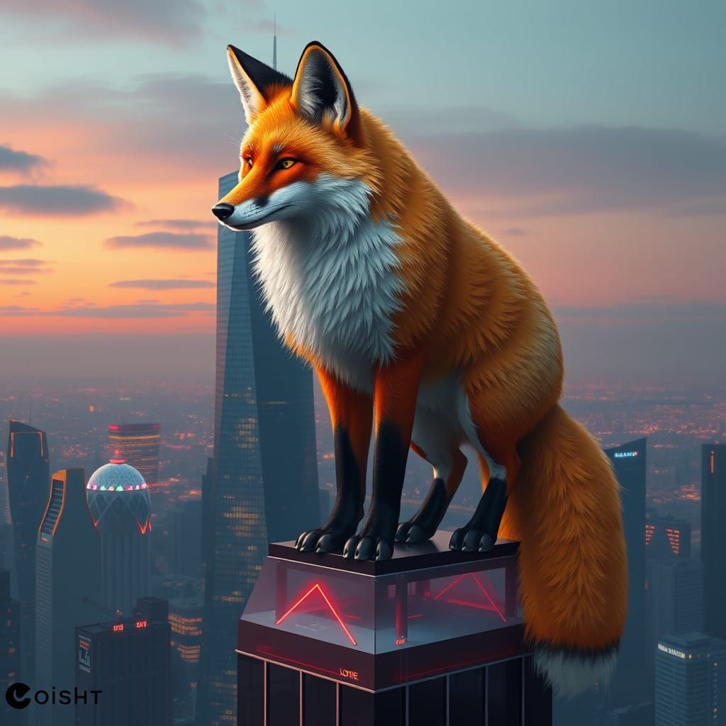 Gigantic Fox Over Neon Cityscape
