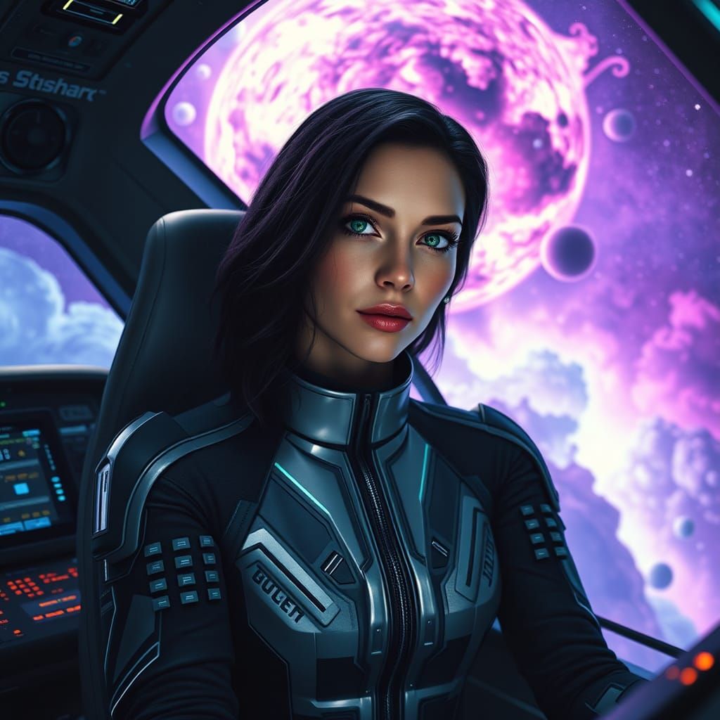 Sci-Fi Woman in Spaceship Cockpit with Supernova