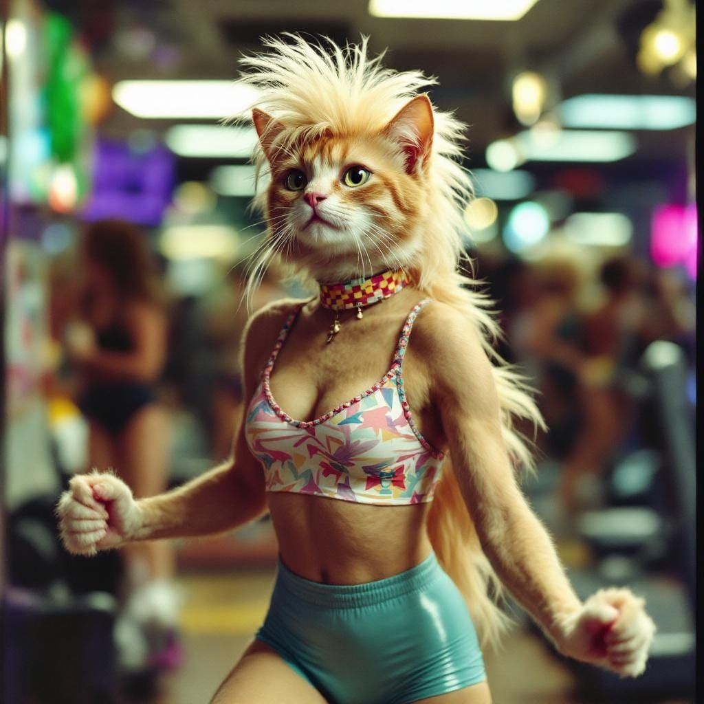 Anthropomorphic Cat Doing Aerobics in 1980s Style