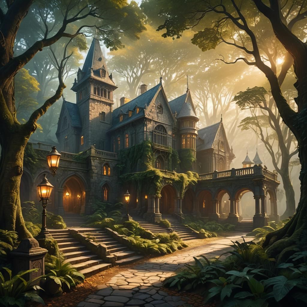 Boarding School in Lush Forest: Matte Painting