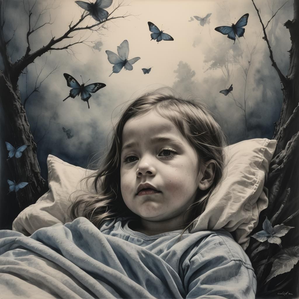 Hyperrealistic Blue Lullaby in Charcoal and Watercolour