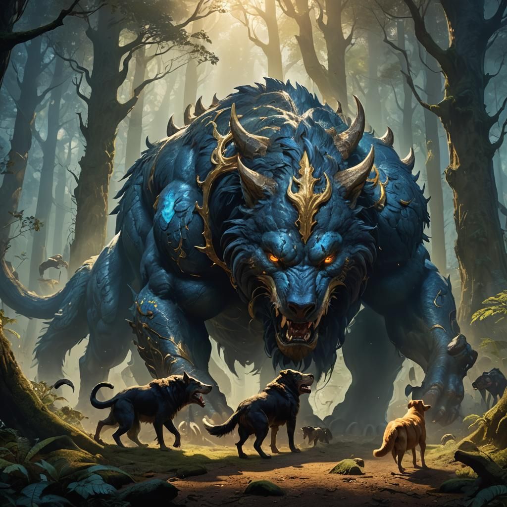 Mystical Beast Devouring Dogs in Ancient Forest