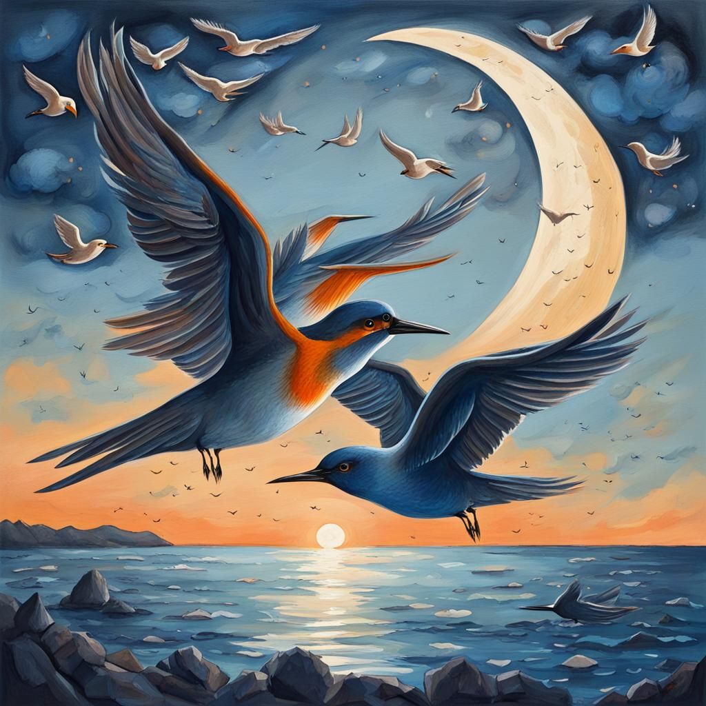 Birds Fly Over Moonlit Sea: Gouache Painting