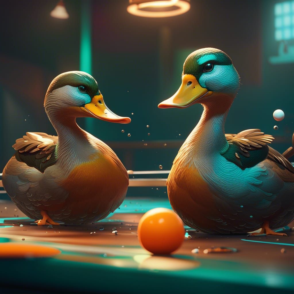 Ducks Playing Ping Pong: Hyperdetailed Concept Art