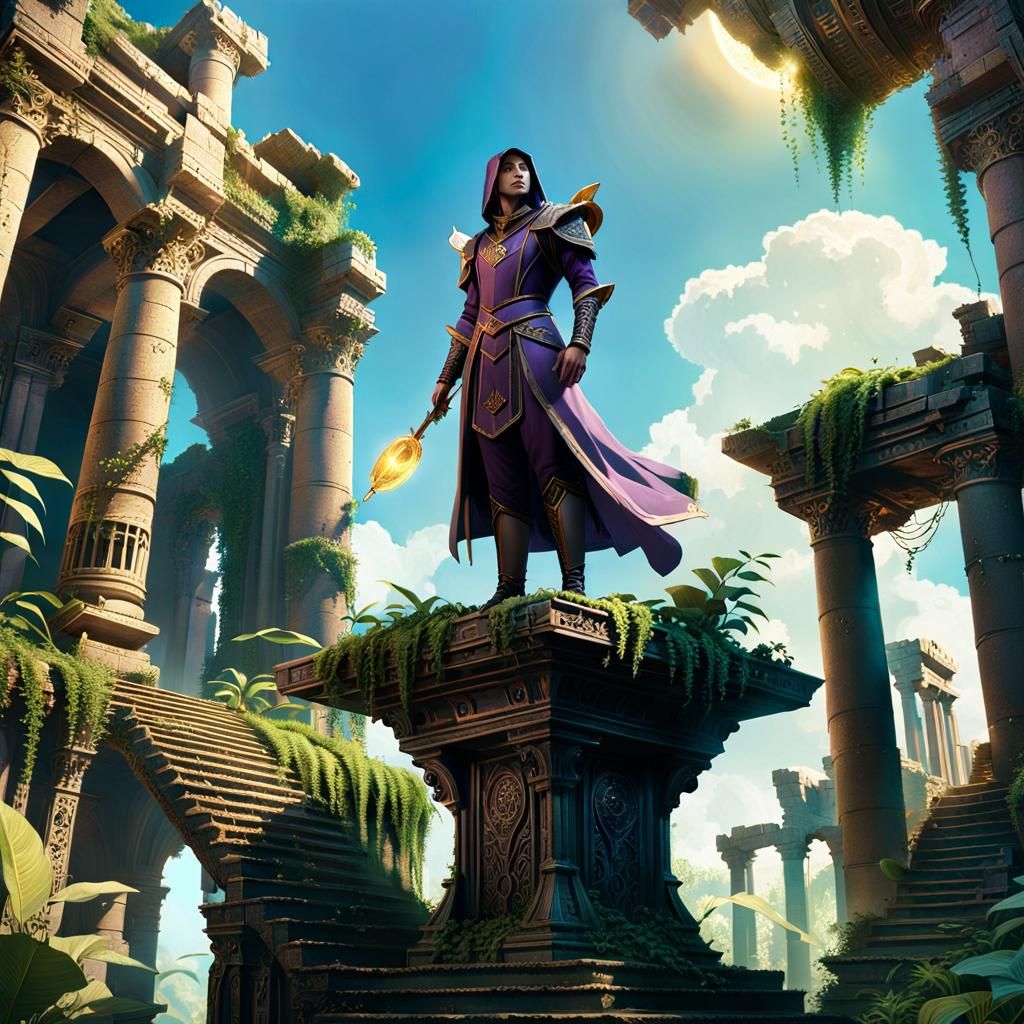 Sorcerous Scribe on Floating Platform in Dark Fantasy Art