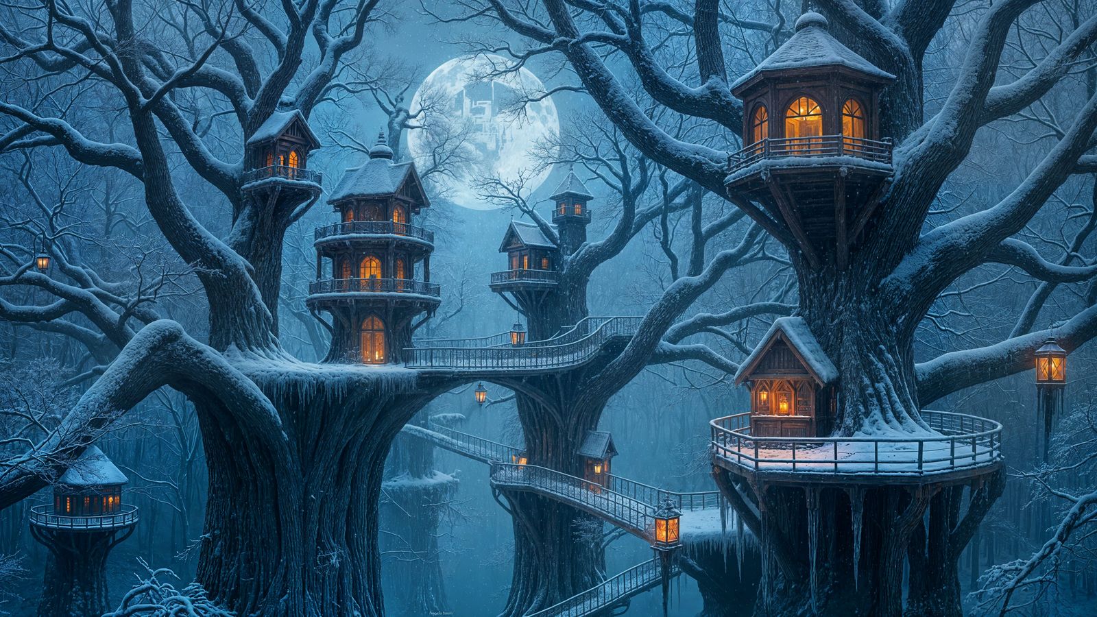 Mystical Treetop Kingdom in Winter Fantasy Setting