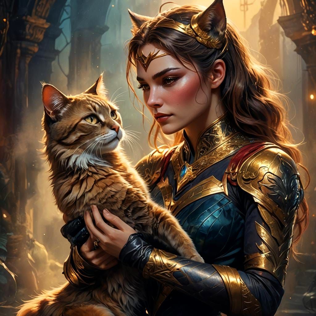 Ethereal Cat Woman with Pet, Detailed Digital Art