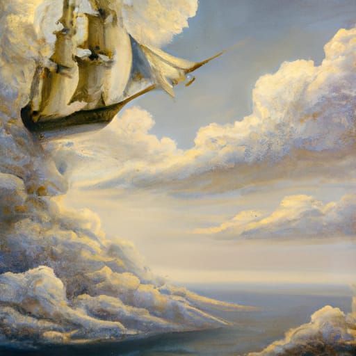 Flying Ship Plowing Clouds: Oil Painting