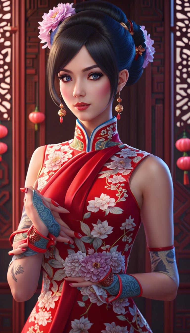 Anime Girl in Cheongsam: Hyperdetailed Digital Portrait