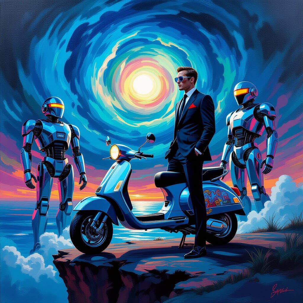 A lone mod, clad in a sharp suit and sporting shades, stands...