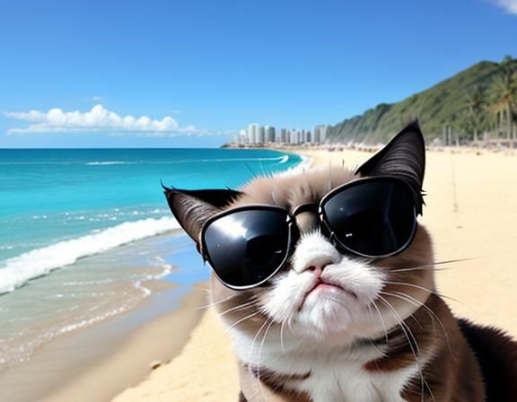 Grumpy Cat on Beach in Sunglasses