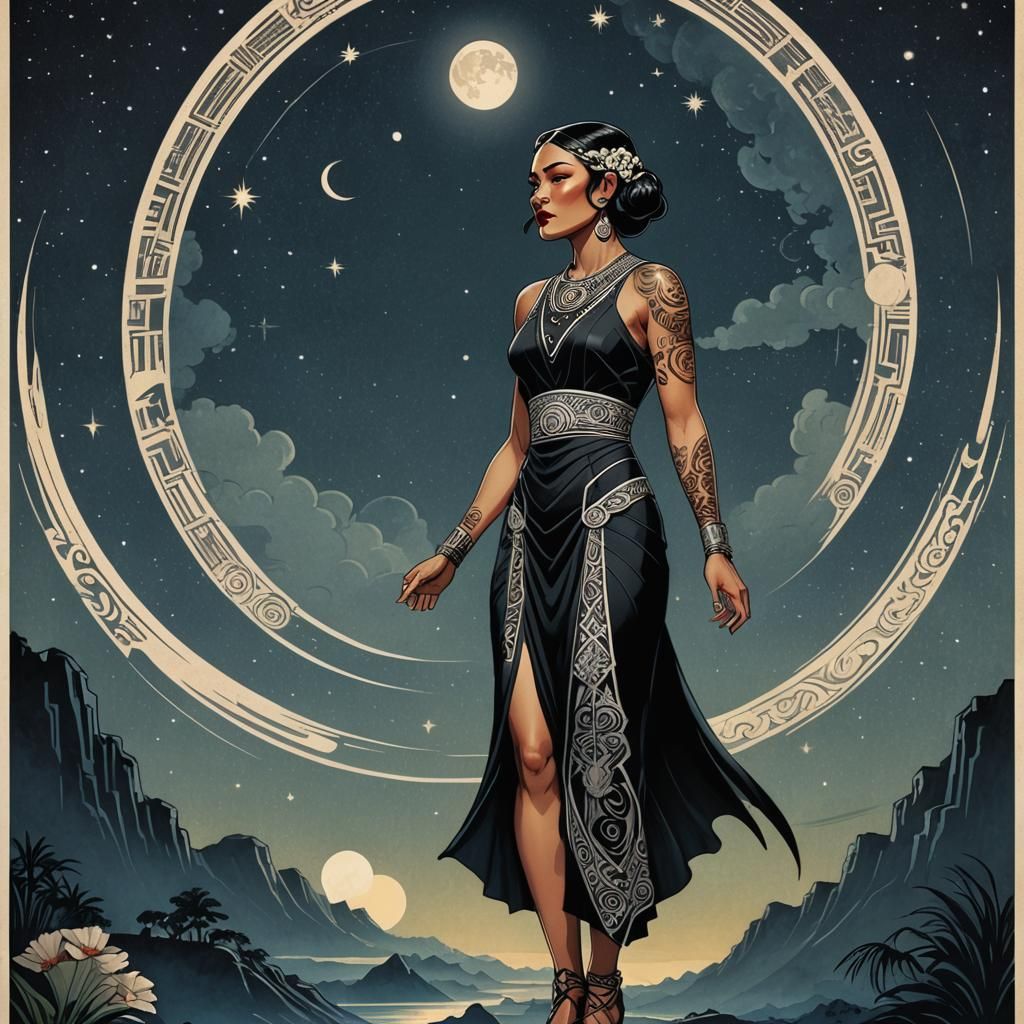 Art Deco style 1920s poster of a full length Maori woman wit...
