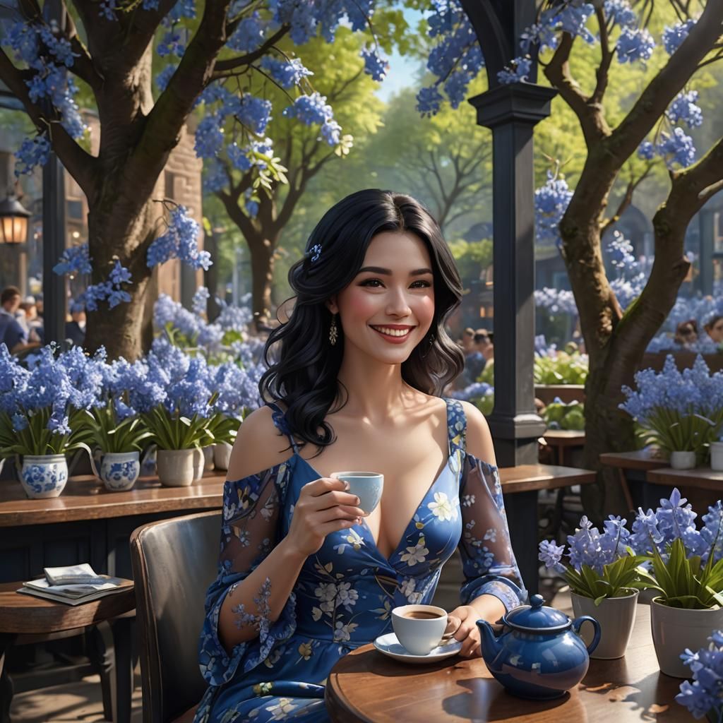 Woman in Blue Dress at Coffee Shop, Fantasy Art