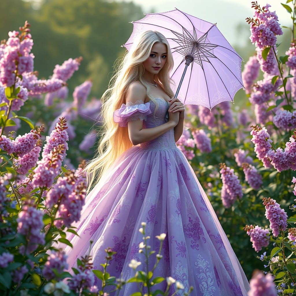 Regal Woman in Lavender Ballgown Stands in Enchanted Florals