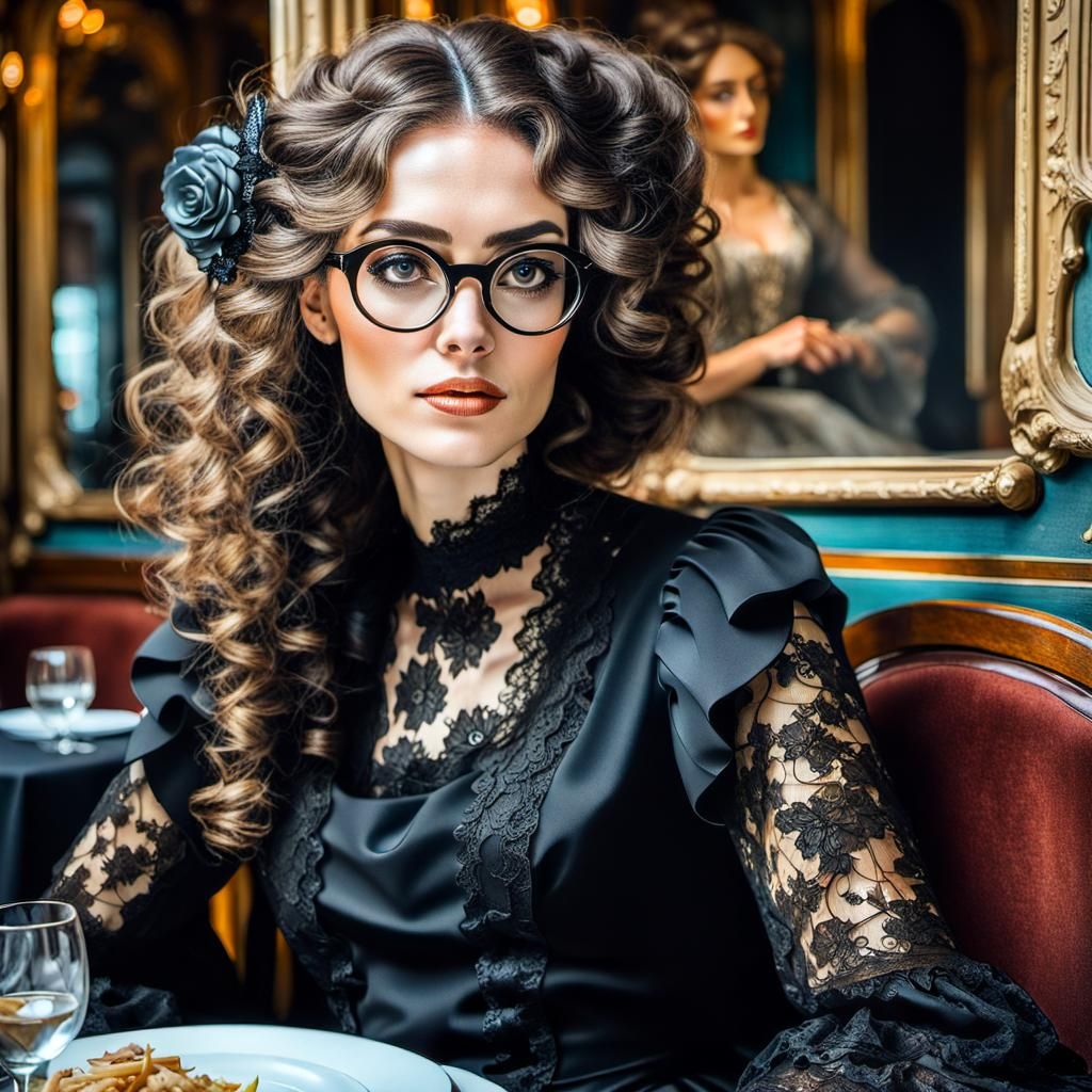 Woman in Rococo Dress at Restaurant, Art Nouveau Style