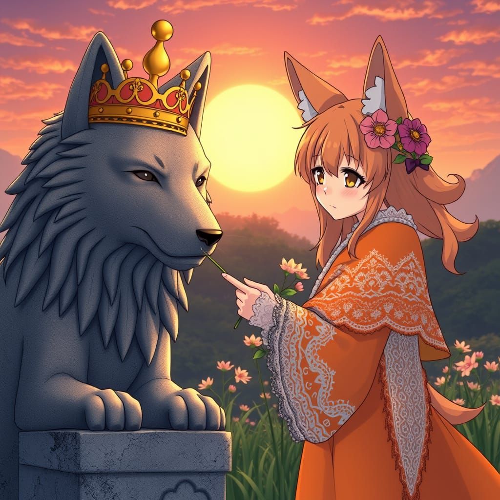 Surreal Anime Fox Girl Mourns Wolf Statue in Sunset Glow