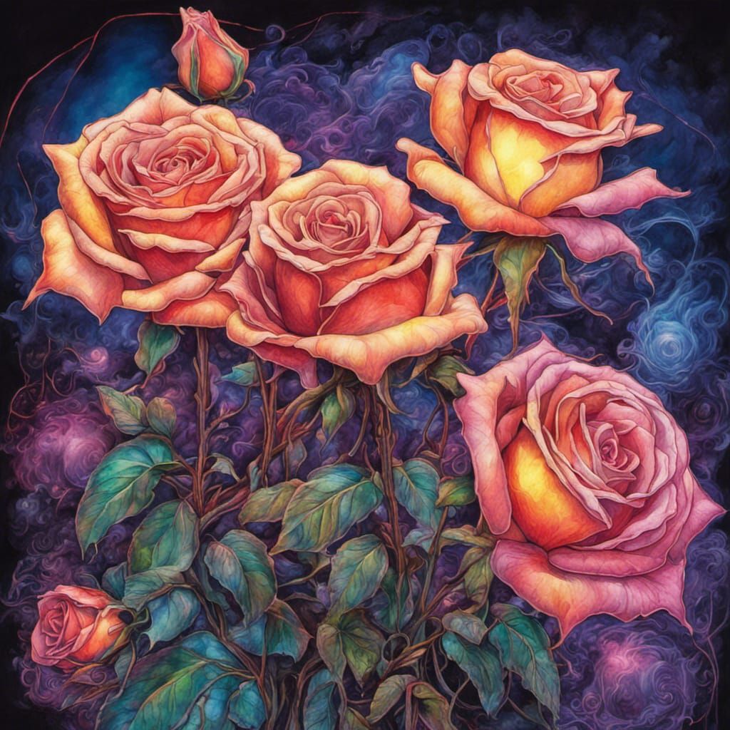 Glowing Roses in Twilight: Cel-Shaded Ink Drawing