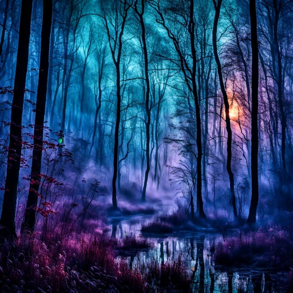 Eerie Haunted Forest in Iridescent Mist