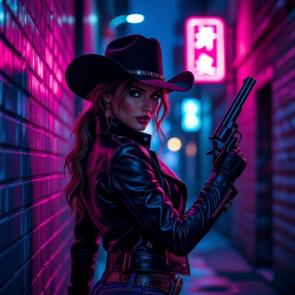Cowgirl with Pistol Under Pink Neon Glow