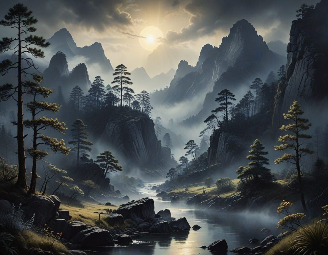 Ethereal Mountain Peaks in Classic Asian Art Style