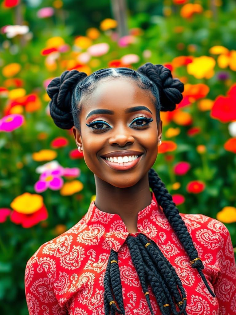 Smiling Black Woman With Blue Eyeliner and Pigtail Puffs
