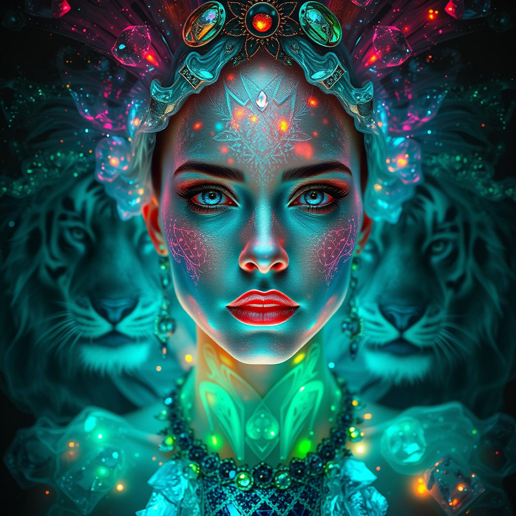 Victorian Oracle in Prismatic Clarity, Bioluminescent Gown