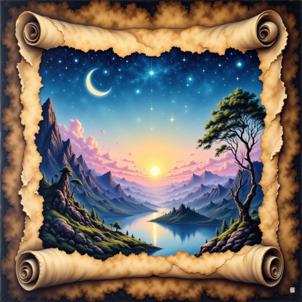 Celestial Scroll Unfurling in Golden Twilight