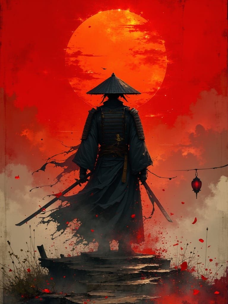 Samurai Warrior in Red and Black Cinematic Scene
