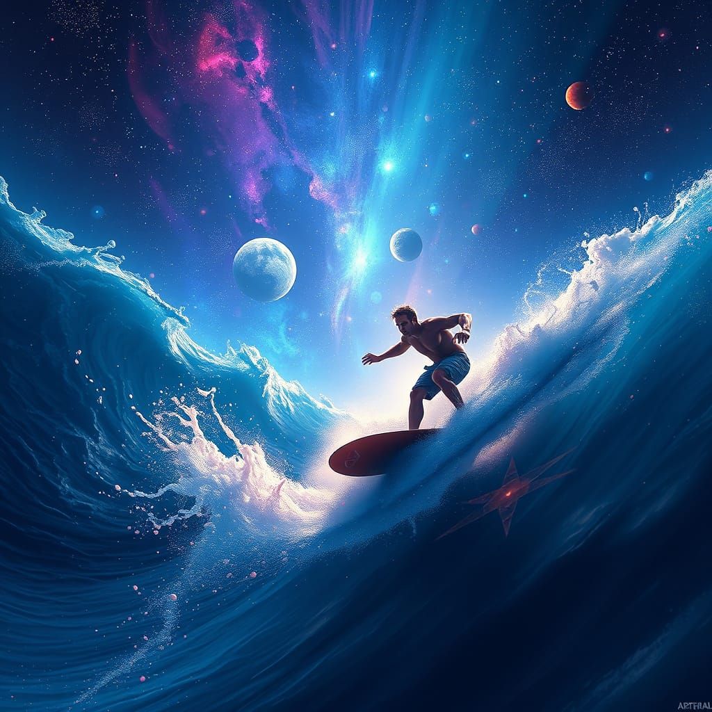 Epic Cosmic Surfing Scene in Deep, Vibrant Colors