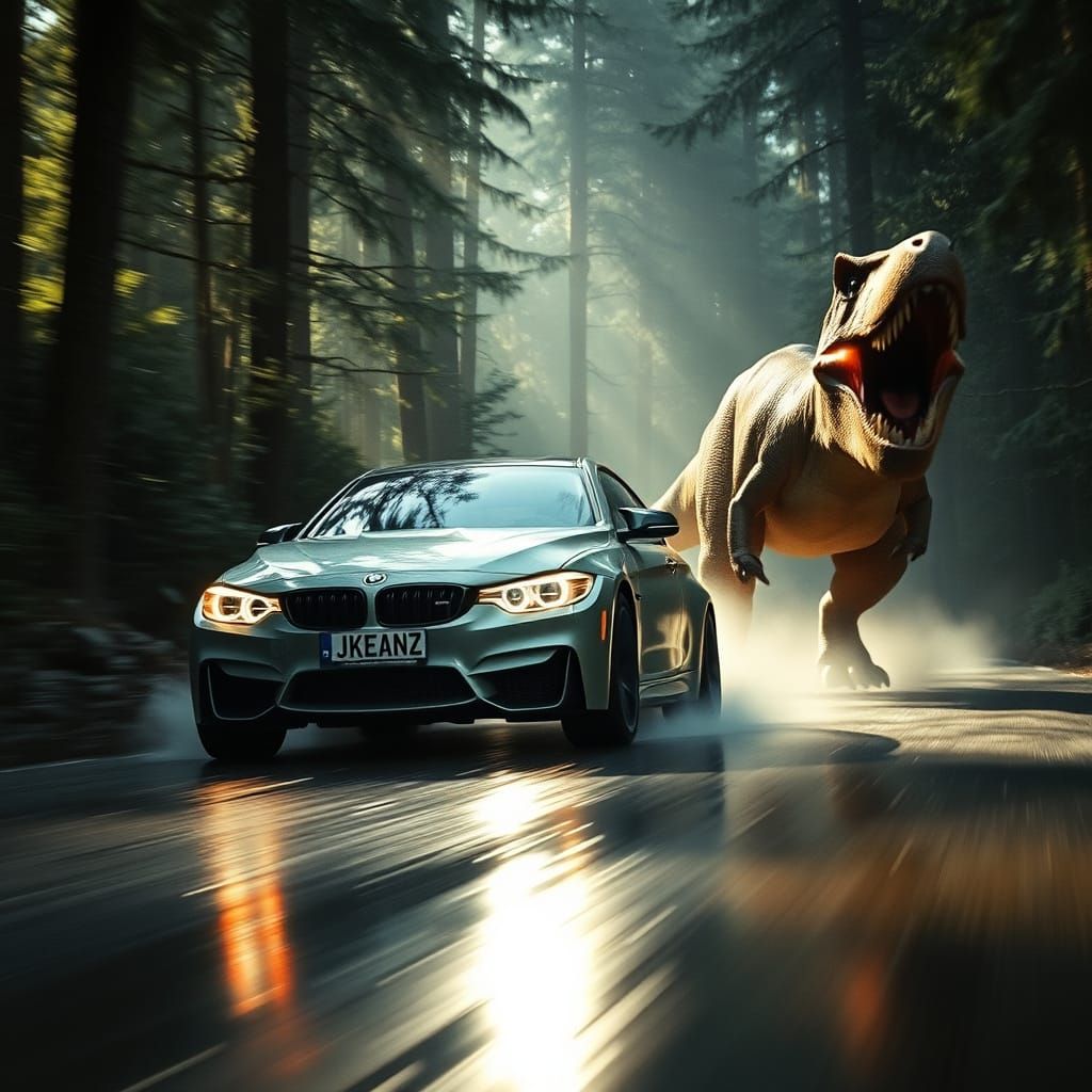 BMW M3 Evades T-Rex in Retro Sci-Fi Chase