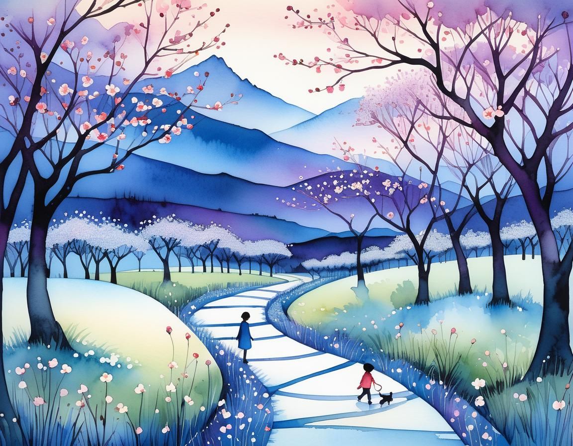 Twilight Walk Under Plum Blossoms in Watercolor