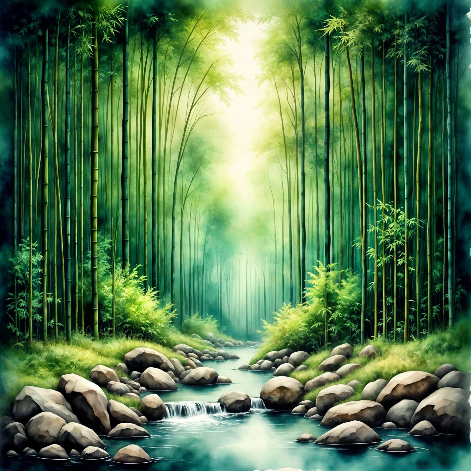 Ethereal Bamboo Oasis in Antique Watercolor