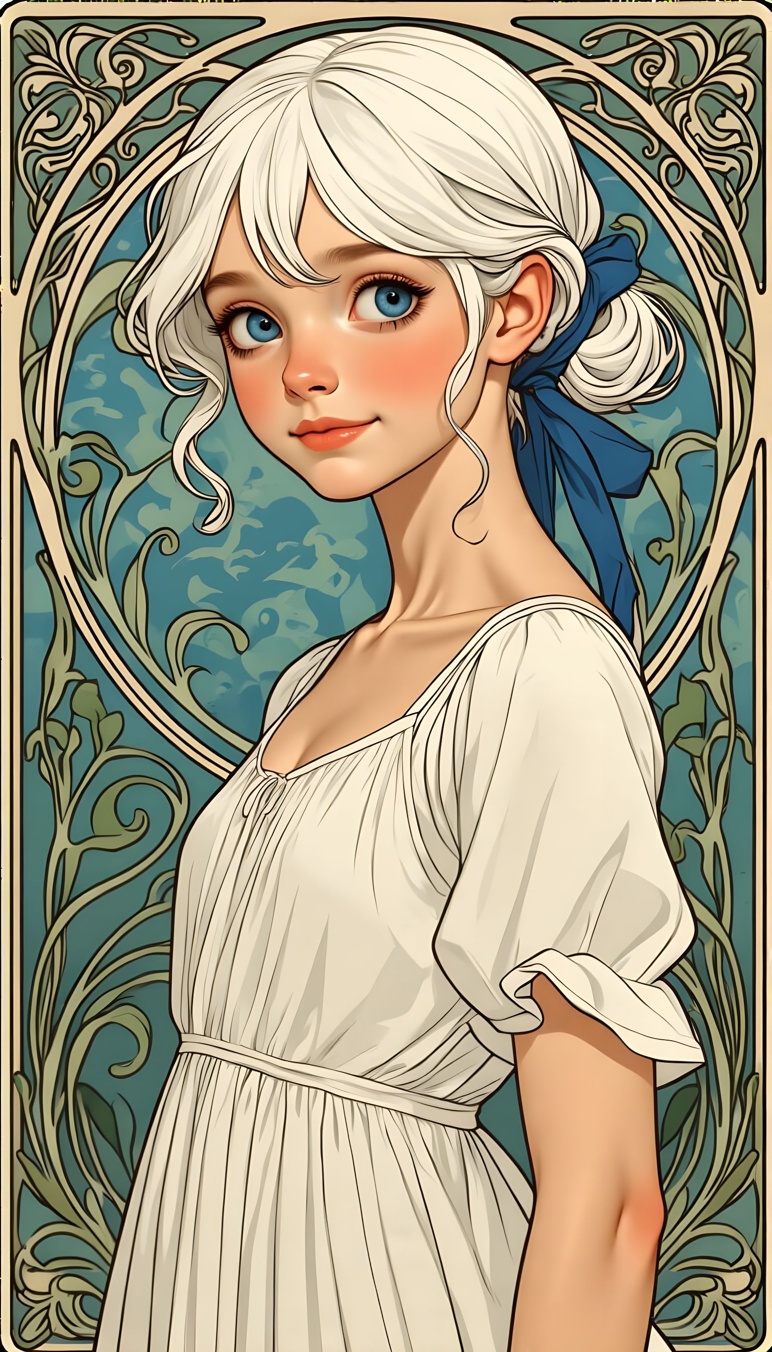 Art Nouveau Portrait of Girl with White Hair