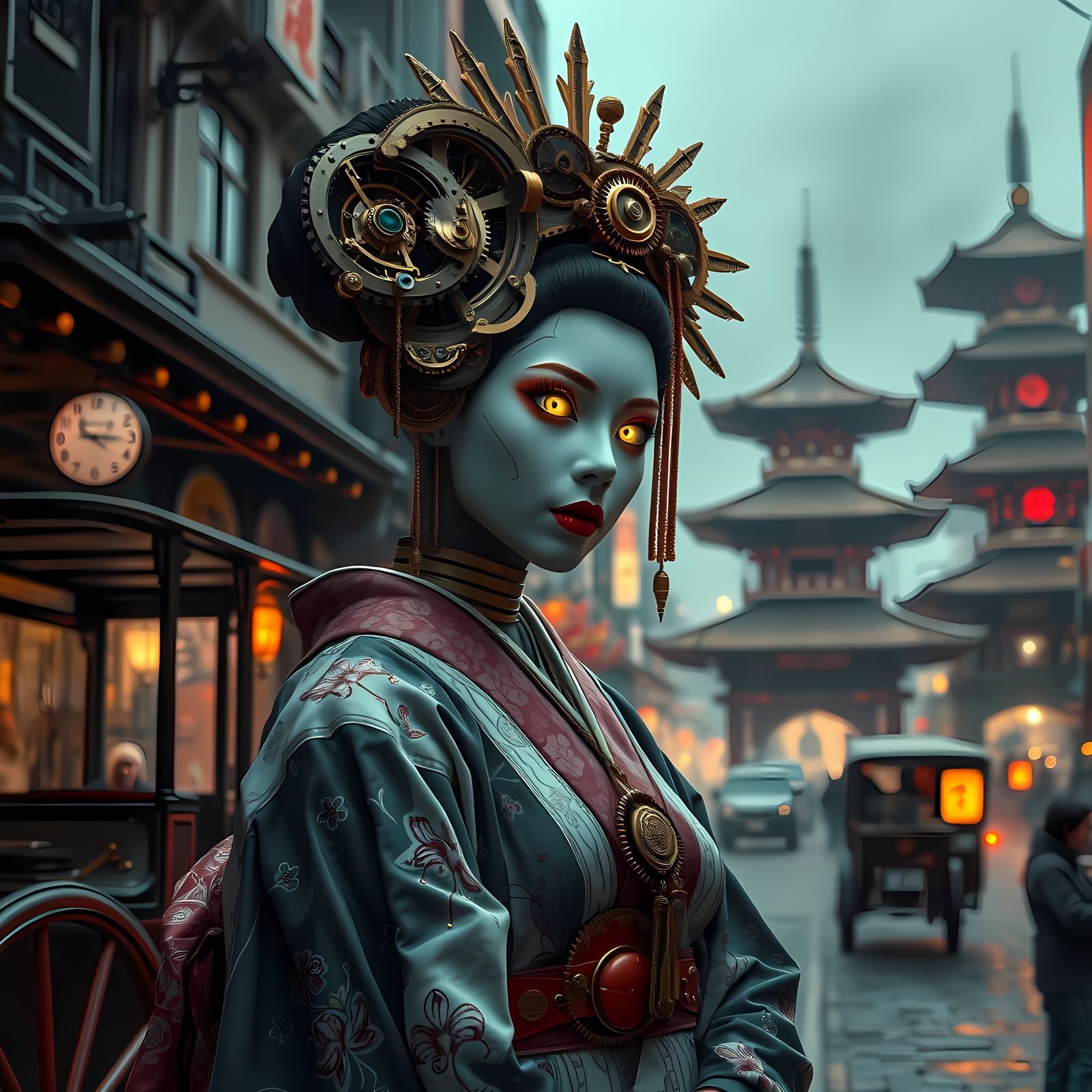Clockwork Geisha in Industrial Osaka, Art Nouveau Style