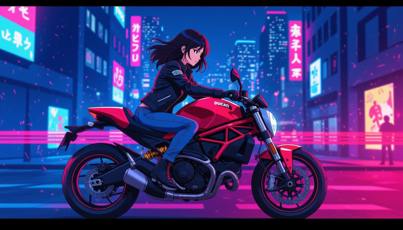 Anime Girl Rides Ducati Monster in Neon Cityscape