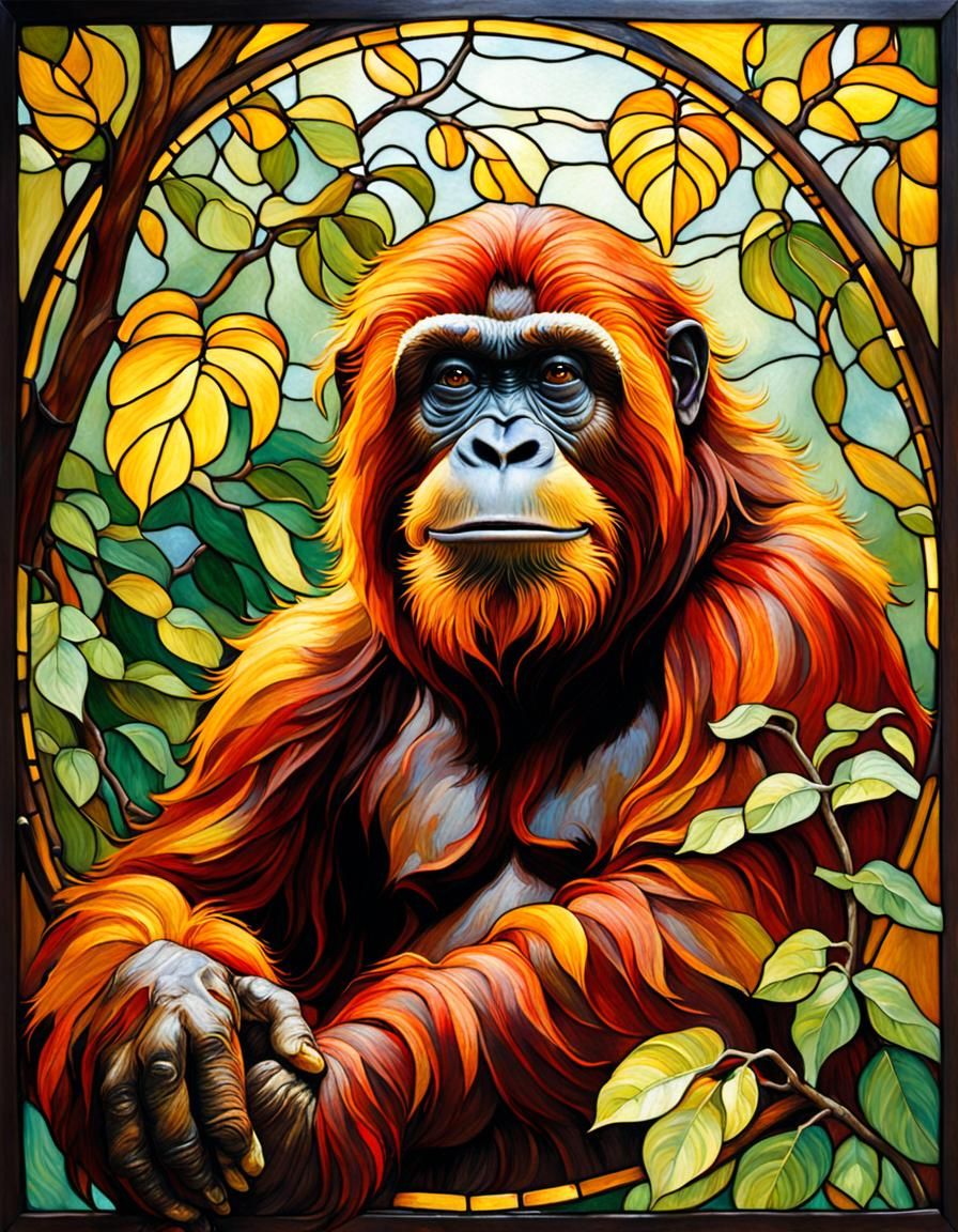 Orangutan Portrait in Art Nouveau Stained Glass