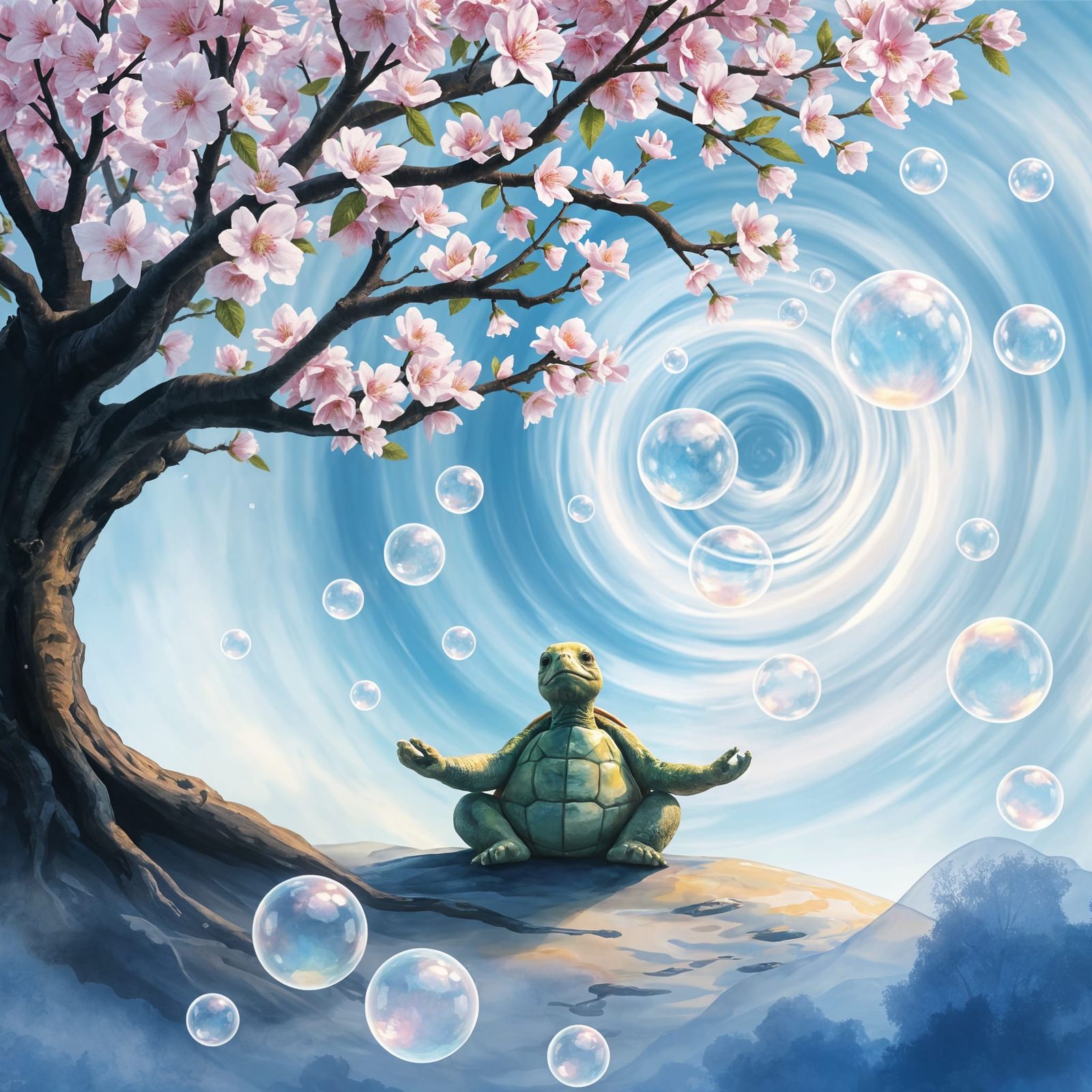 Meditating Turtle in Bubble Vortex, Dreamlike Watercolor