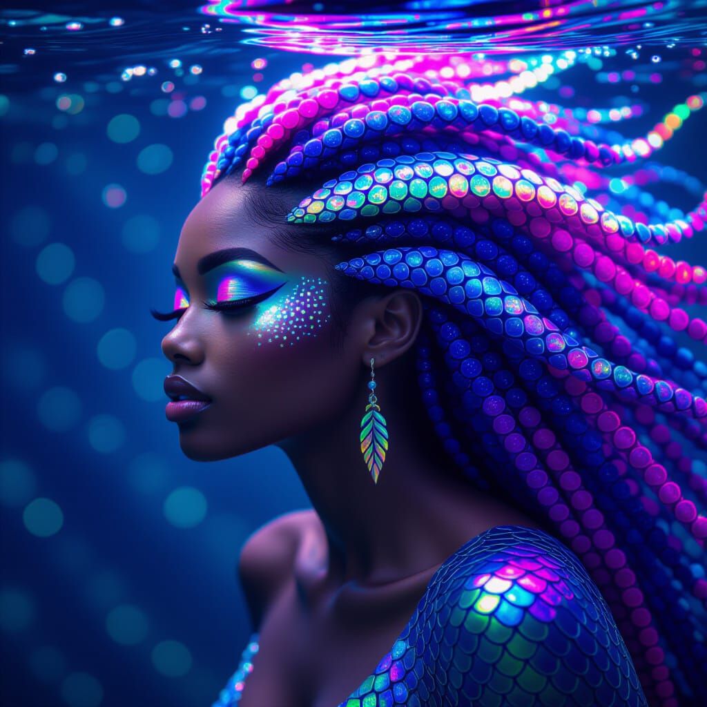 African Mermaid with Neon Hair in Hyperrealistic Style