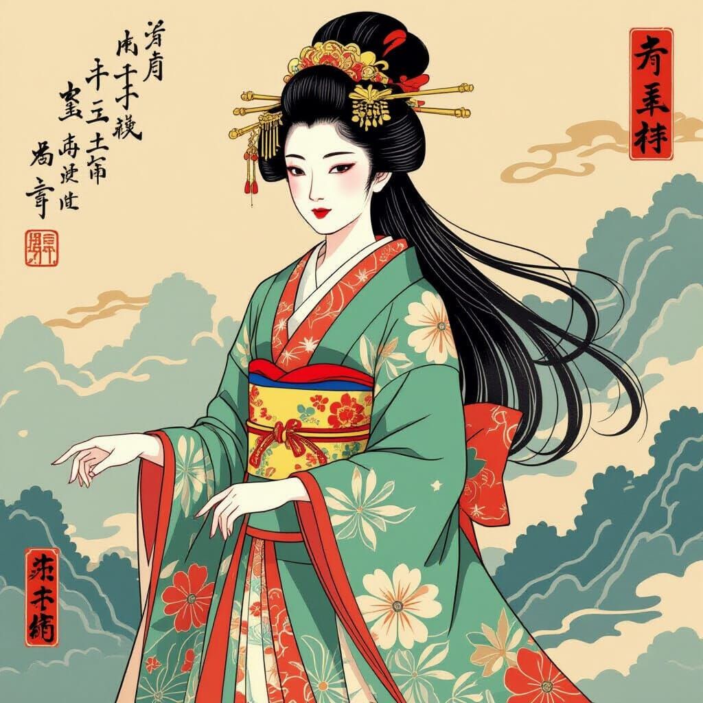 Chinese Princess in Ukiyo-e Style Painting