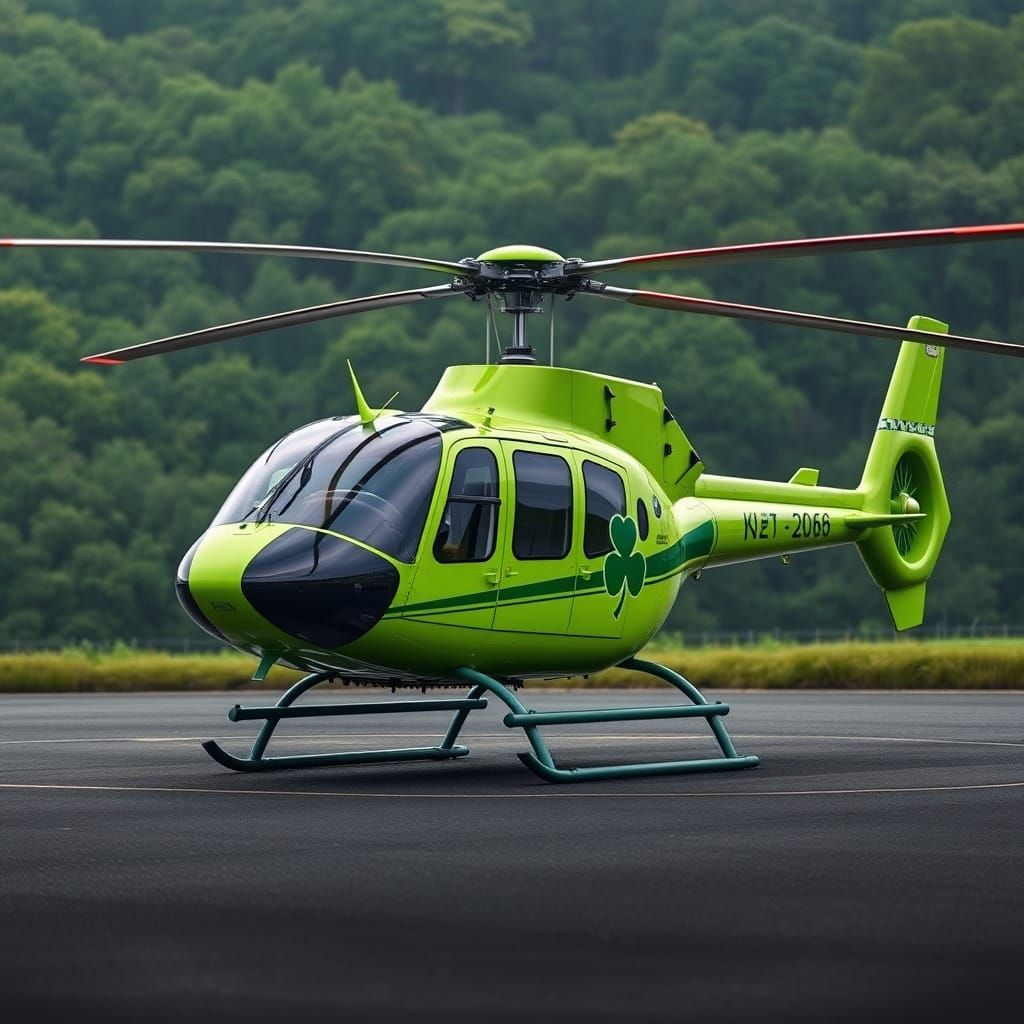 Vibrant Green JetRanger Helicopter on Heliport Rooftop