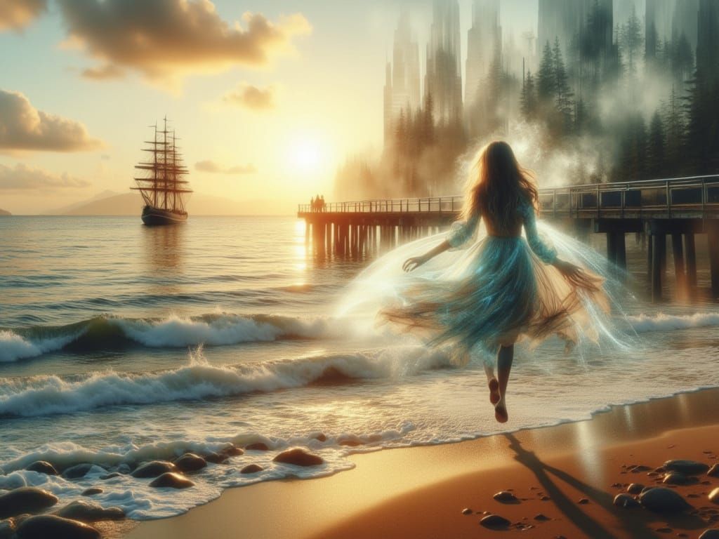 Ethereal Dawn Shoreline with a Running Girl and a Ghostly Ap...