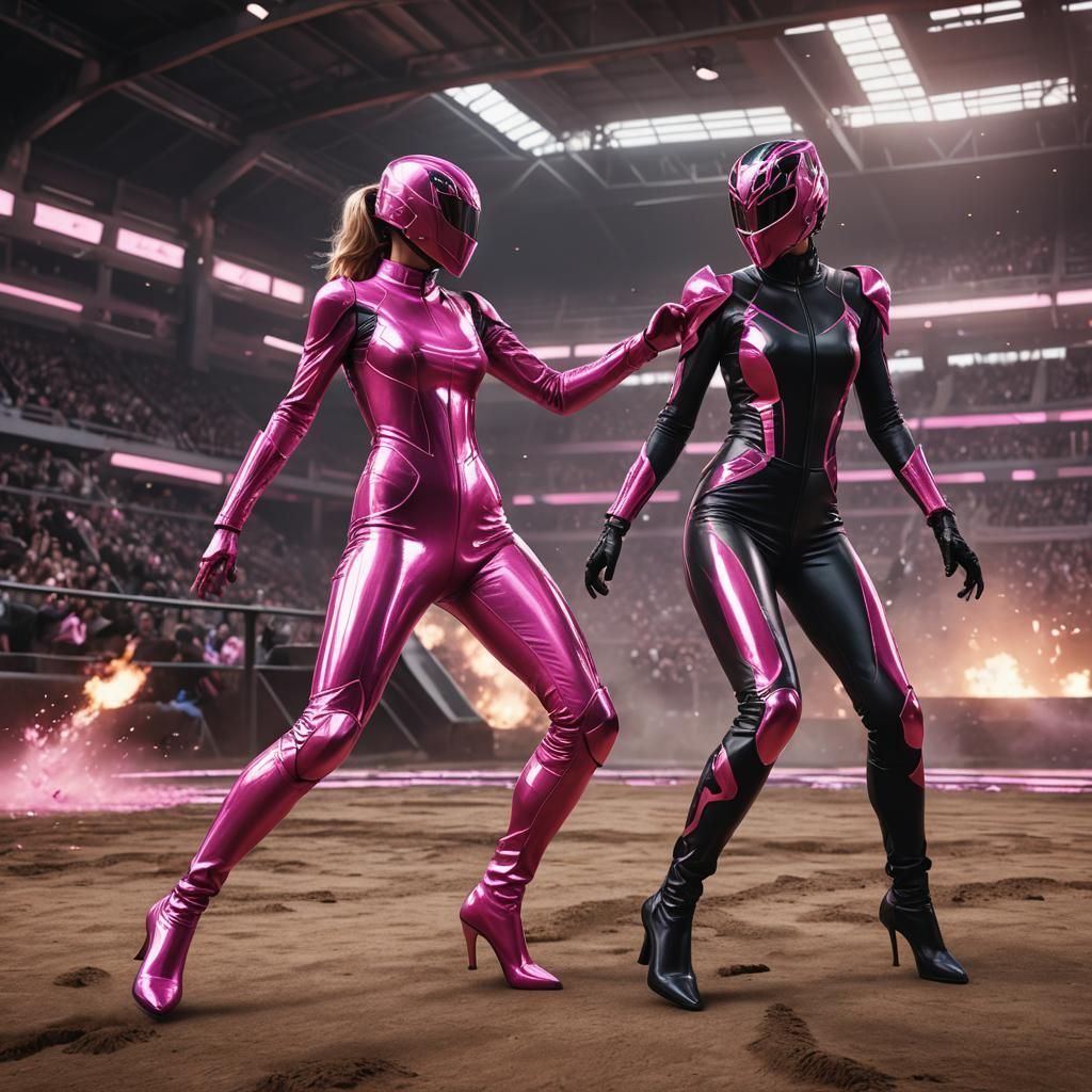Girls' Arena Fight in Shiny Catsuits