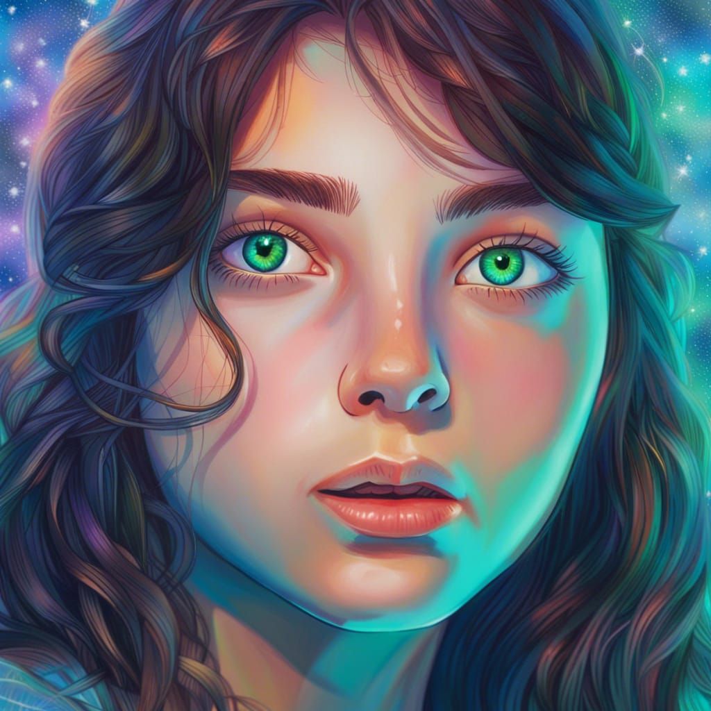 Brunette Girl Portrait in Cosmic Holographic Style