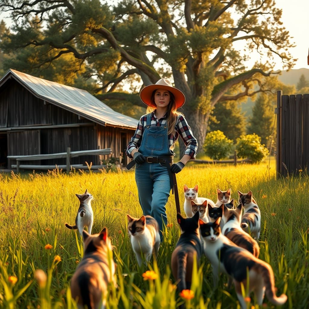Magical Realism: Farmer Herding Cats in Lush Field