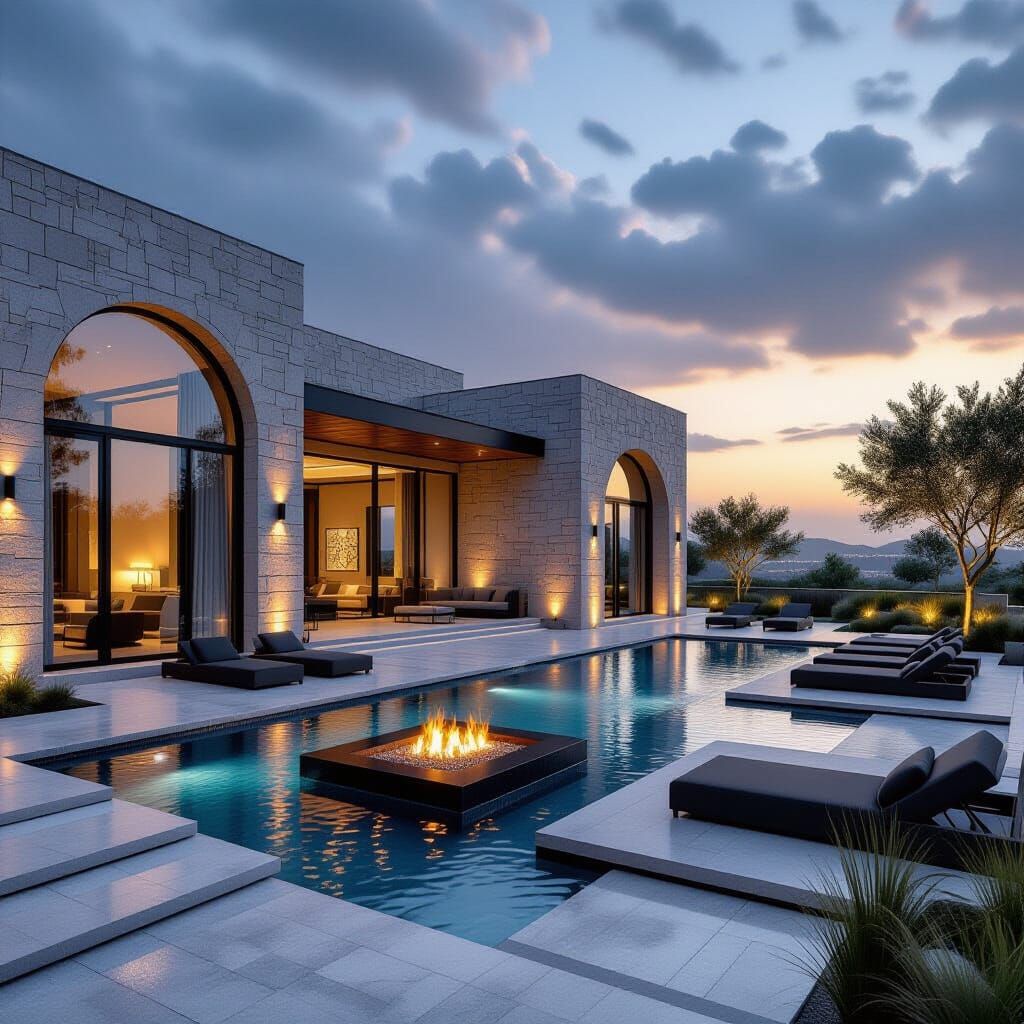 Luxury Villa at Sunset in Rain, High Realism